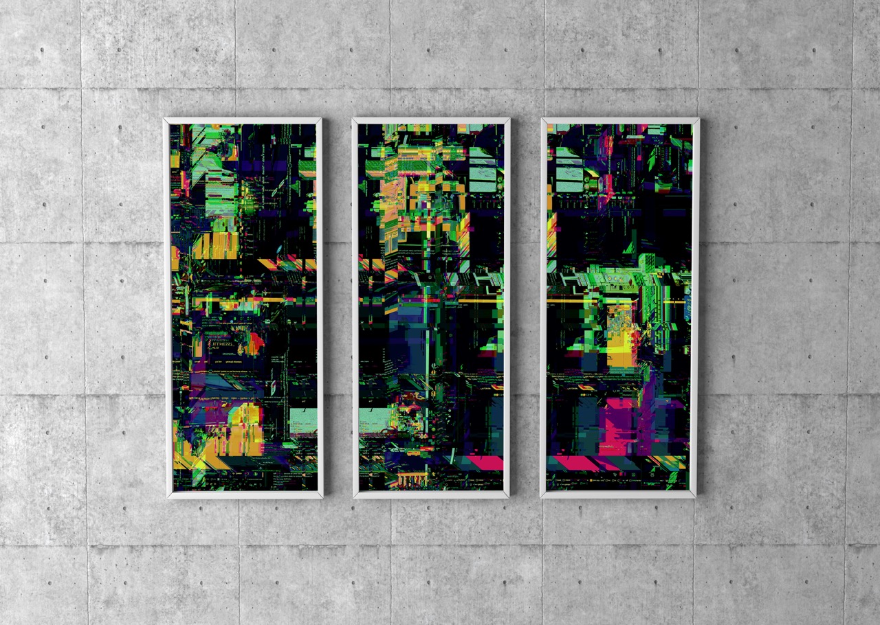 Drieluik glitch art prints aan de muur